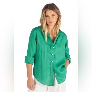 MADE IN ITALY 100% Linen Emerald Blouse Top Tunic Shirt with Ruffle Neckline